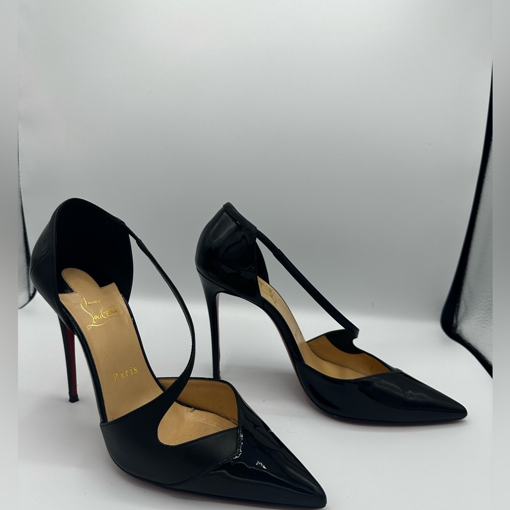 Christian Louboutin Black Patent Leather T-Strap Pointed Toe Pumps